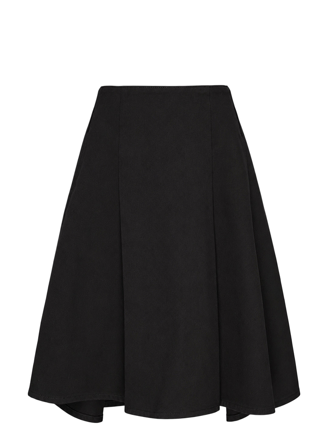 AMI black midi godet skirt with flared paneled silhouette and asymmetric hem, shown from the front