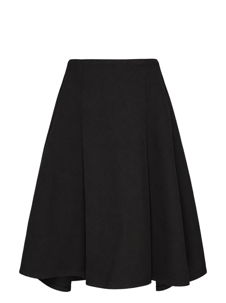 AMI black midi godet skirt with flared paneled silhouette and asymmetric hem, shown from the front