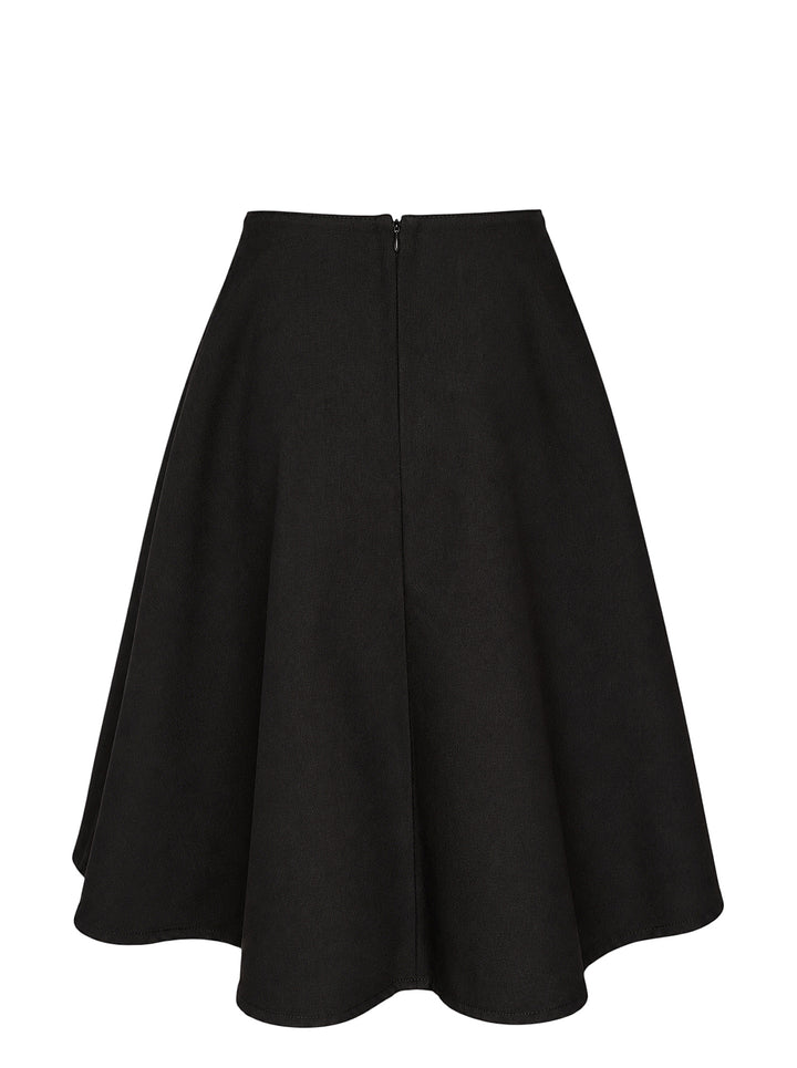 AMI black midi godet skirt with flared paneled silhouette and asymmetric hem, shown from the front - view 2