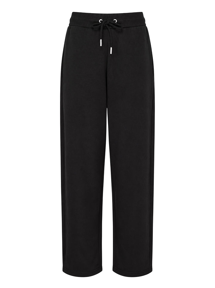 AMI black drawstring sweatpants with ribbed waistband and wide straight leg, shown from the front