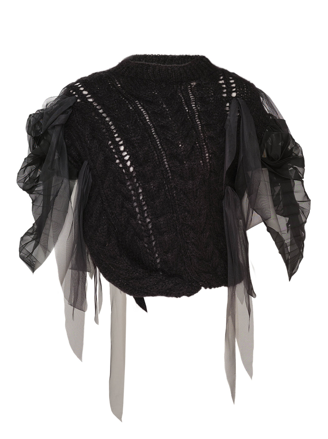 Pauline Dujancourt Francisca black hand-knit vest with open-work cables and gathered sheer tulle and organza sleeves with trailing ribbons