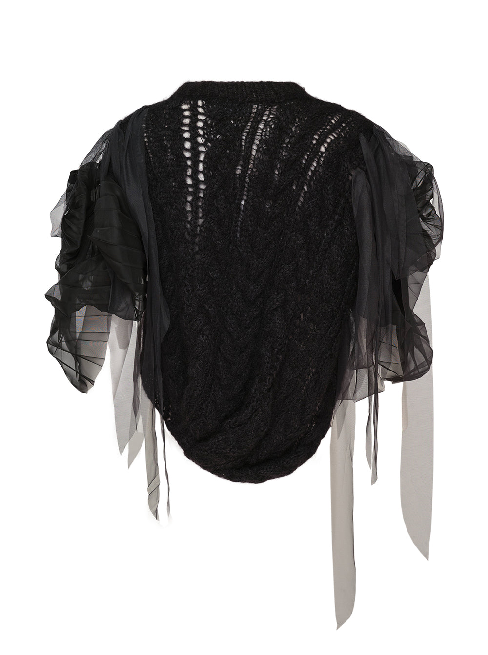 Pauline Dujancourt Francisca black hand-knit vest with open-work cables and gathered sheer tulle and organza sleeves with trailing ribbons - view 2
