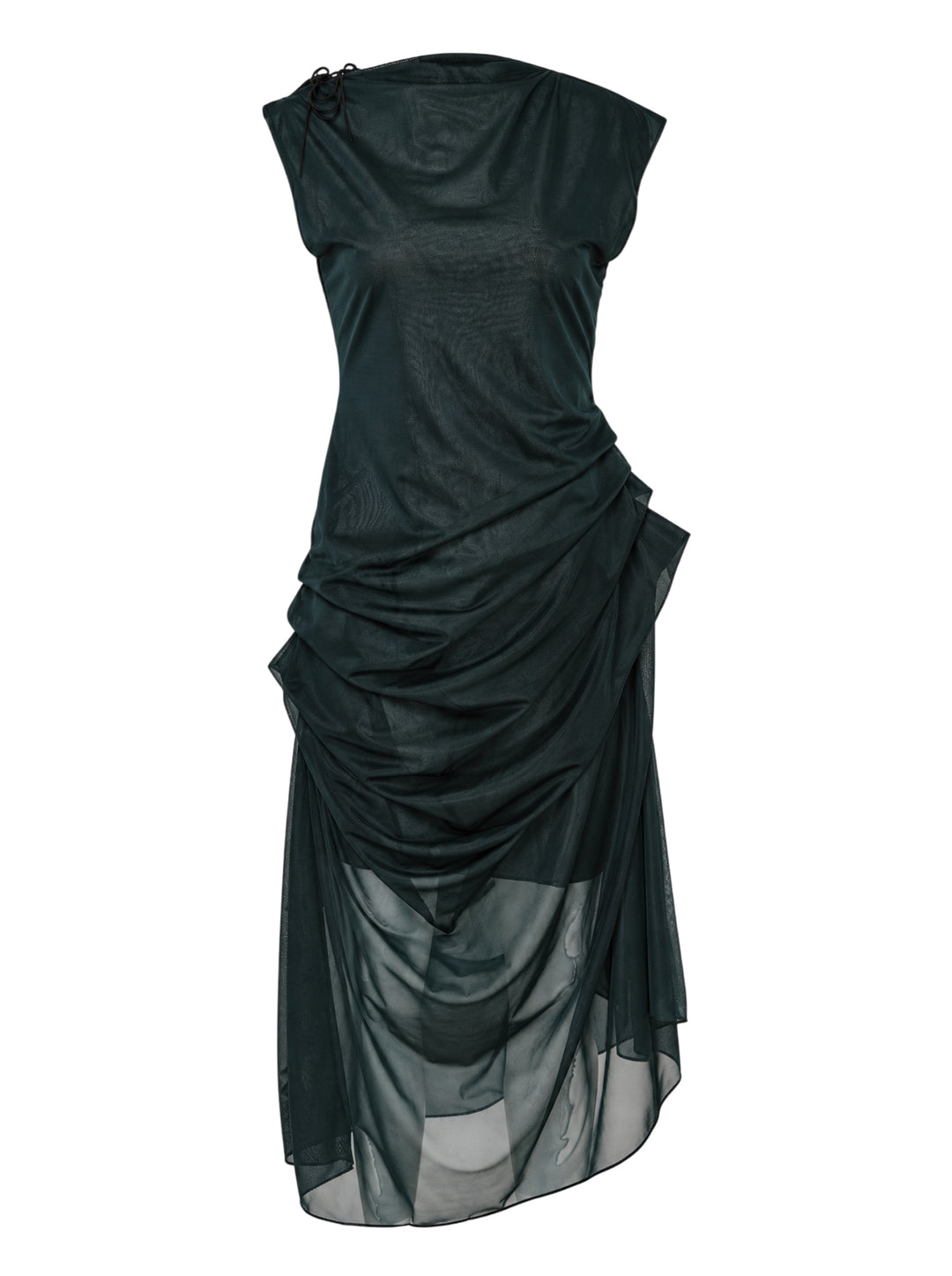 Pauline Dujancourt Najia sleeveless dress in dark green tricot jersey with sheer ruched mesh overlay and asymmetric hem