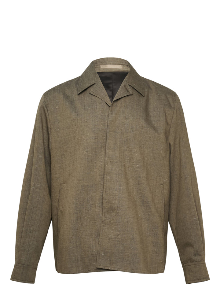 Our Legacy Pack Blazer in olive melange fabric with open camp collar, concealed front closure, and hip patch pocket — front view