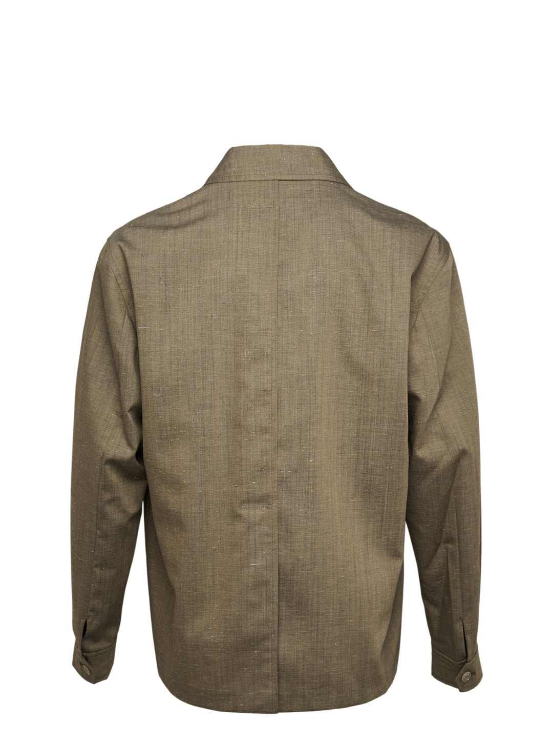 Our Legacy Pack Blazer in olive melange fabric with open camp collar, concealed front closure, and hip patch pocket — front view - view 2