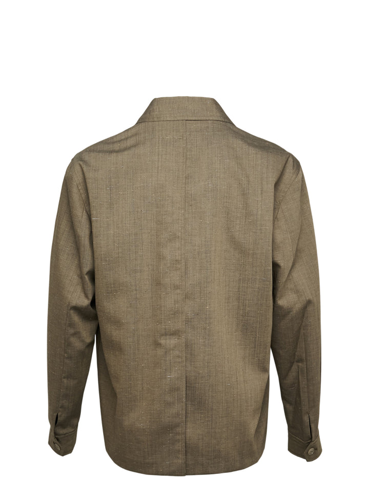 Our Legacy Pack Blazer in olive melange fabric with open camp collar, concealed front closure, and hip patch pocket — front view - view 2