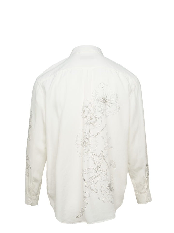 Our Legacy Beyond Long Sleeve Shirt in off-white with large-scale tonal surrealist embroidered illustration of a skeletal winged horse figure, front view - view 2