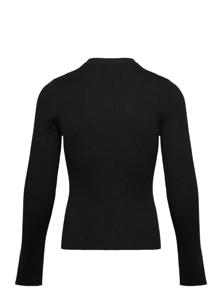 Our Legacy Compact Round Neck ribbed knit sweater in black with mock neck collar and long sleeves, front view on white background - view 2