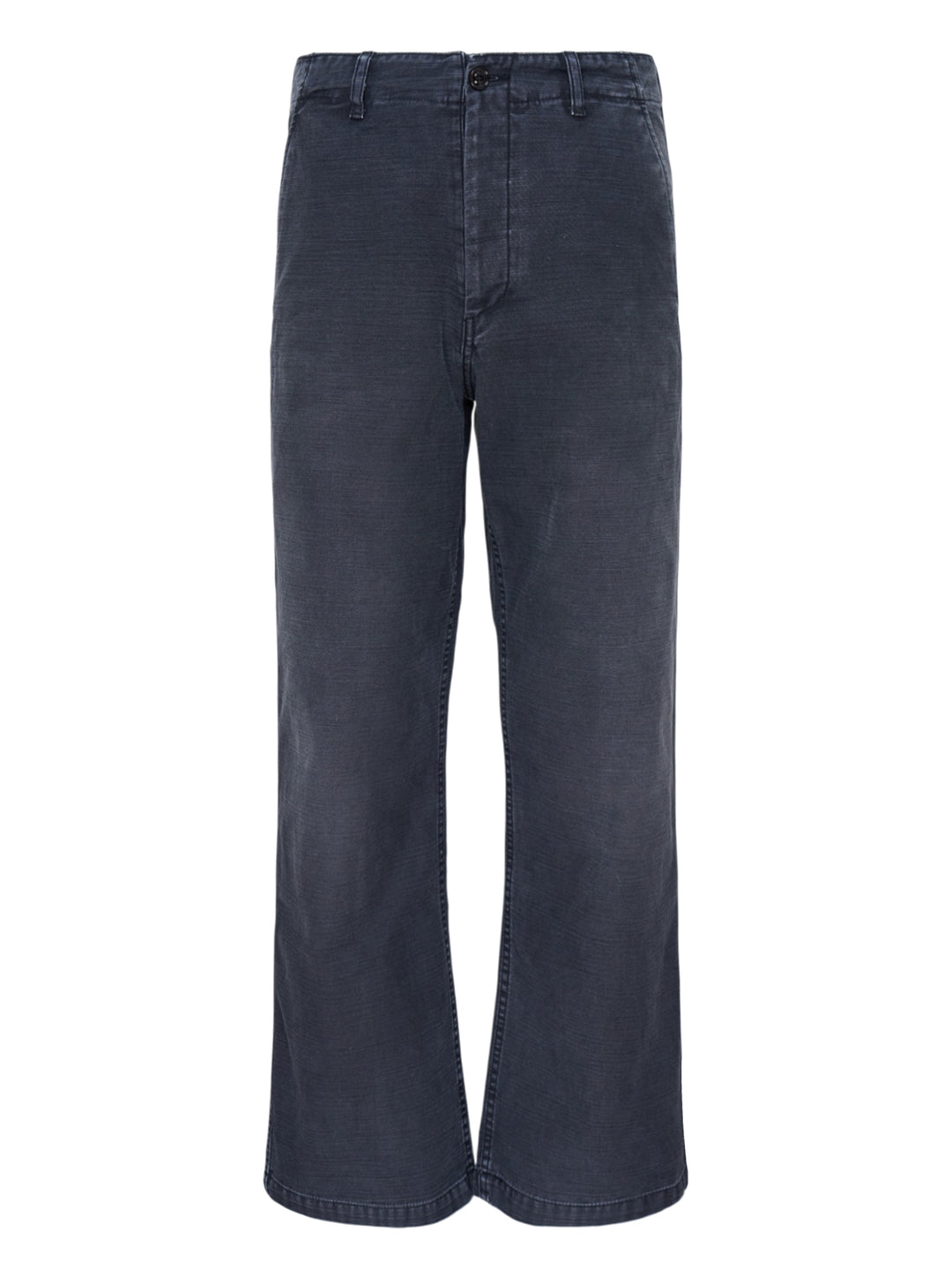 Our Legacy Rig Chino Pants in washed navy fine-wale corduroy, shown flat with a wide-leg silhouette and button fly closure