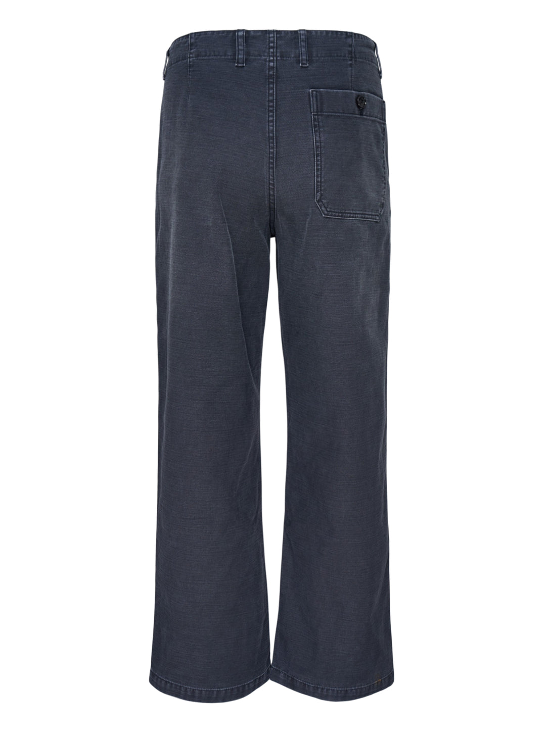 Our Legacy Rig Chino Pants in washed navy fine-wale corduroy, shown flat with a wide-leg silhouette and button fly closure - view 2
