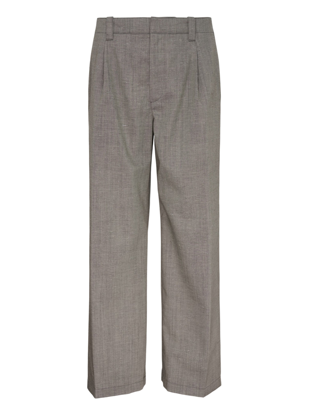 Our Legacy Still Chino Pants in heathered grey — wide-leg tailored trousers with double pleats and turn-up cuffs, front view on white background