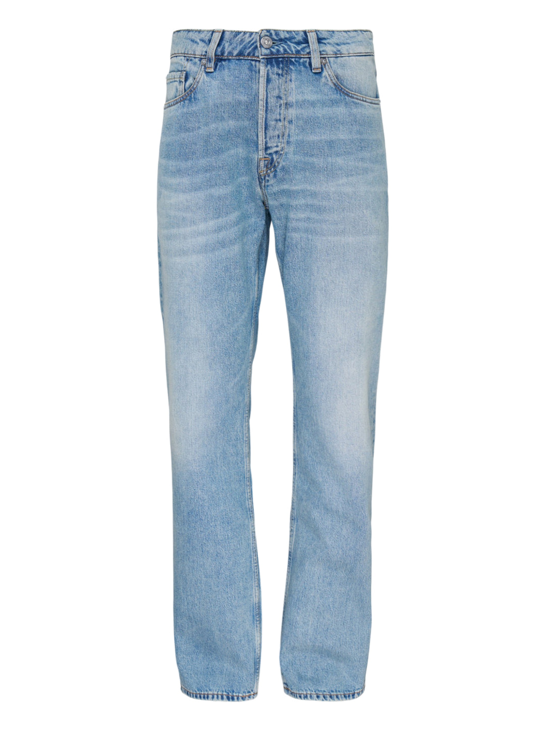 Our Legacy Slate Cut Jeans in light blue stonewash, relaxed straight-leg silhouette with five-pocket construction and vintage-style fading, front view on white background