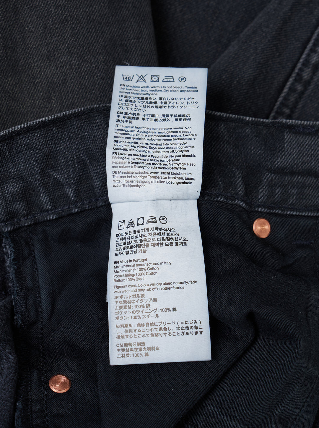 Our Legacy Vast Cut Jeans in washed black denim, featuring a wide-leg silhouette, high rise, copper rivets, and organic cloud-fade wash effect - view 3