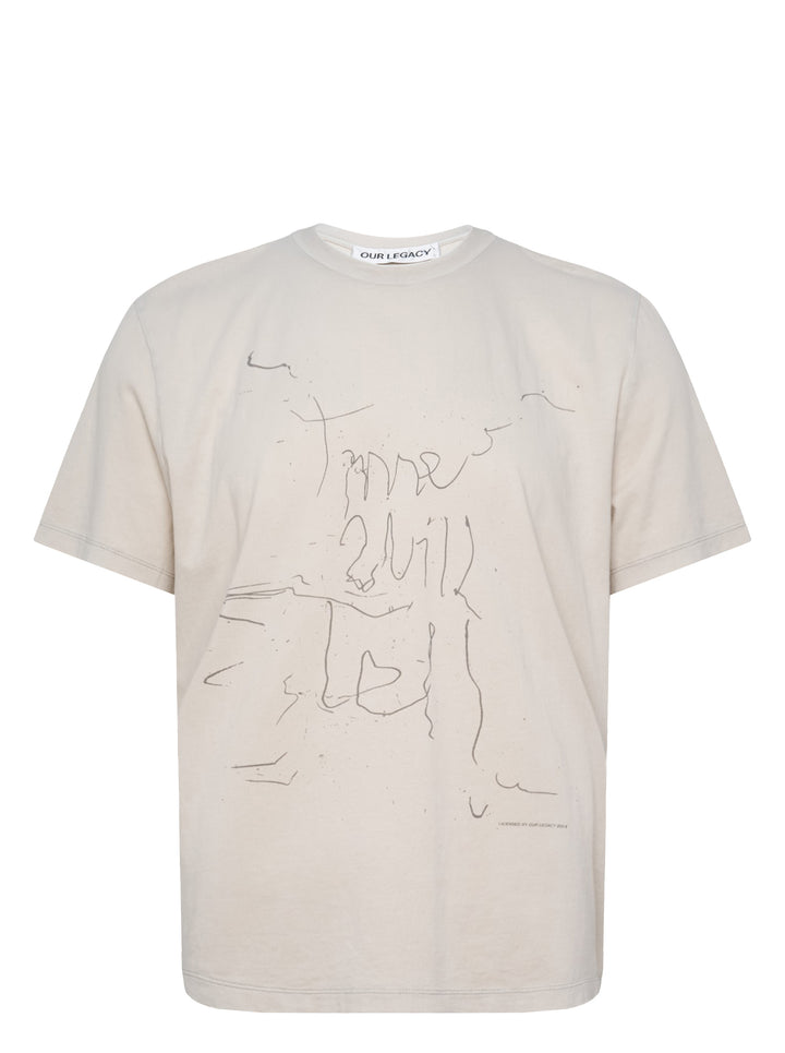 Our Legacy Box Short Sleeve Tee in stone with abstract hand-drawn scrawl graphic printed across the chest, boxy relaxed fit, crew neckline