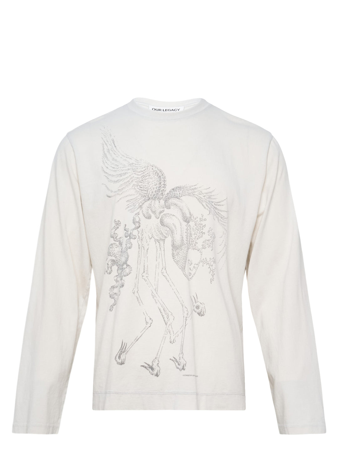 Our Legacy Box Long Sleeve Tee in ivory with a large stipple-illustrated skeletal winged horse graphic across the chest, relaxed box fit with crew neck