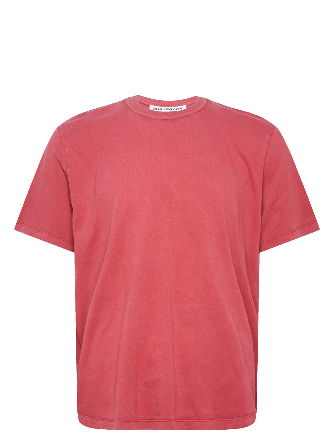 Our Legacy Box T-Shirt in pigment-dyed washed red, featuring a relaxed boxy fit, dropped shoulders, and a crew neckline with a woven brand label