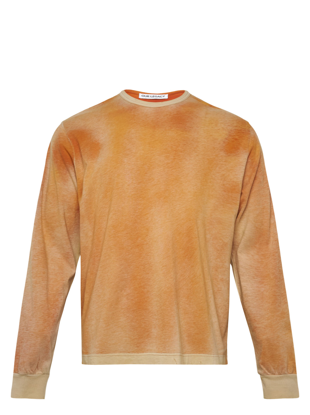 Our Legacy Cruise Long Sleeve Tee in an all-over orange and sand tie-dye wash, featuring a crew neck and contrast ribbed cuffs and hem, photographed flat on a white background