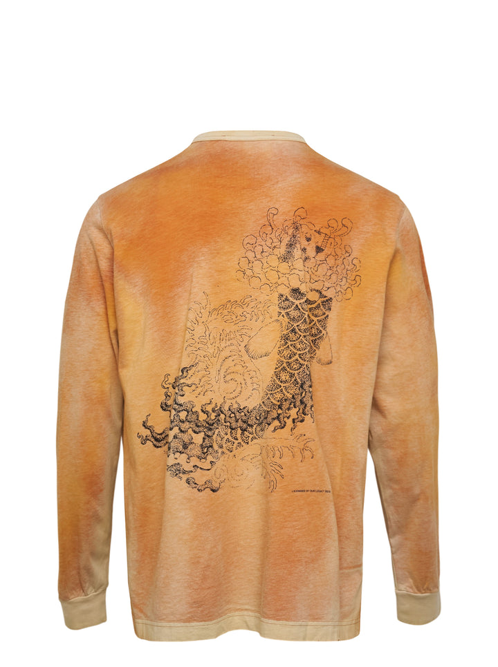 Our Legacy Cruise Long Sleeve Tee in an all-over orange and sand tie-dye wash, featuring a crew neck and contrast ribbed cuffs and hem, photographed flat on a white background - view 2