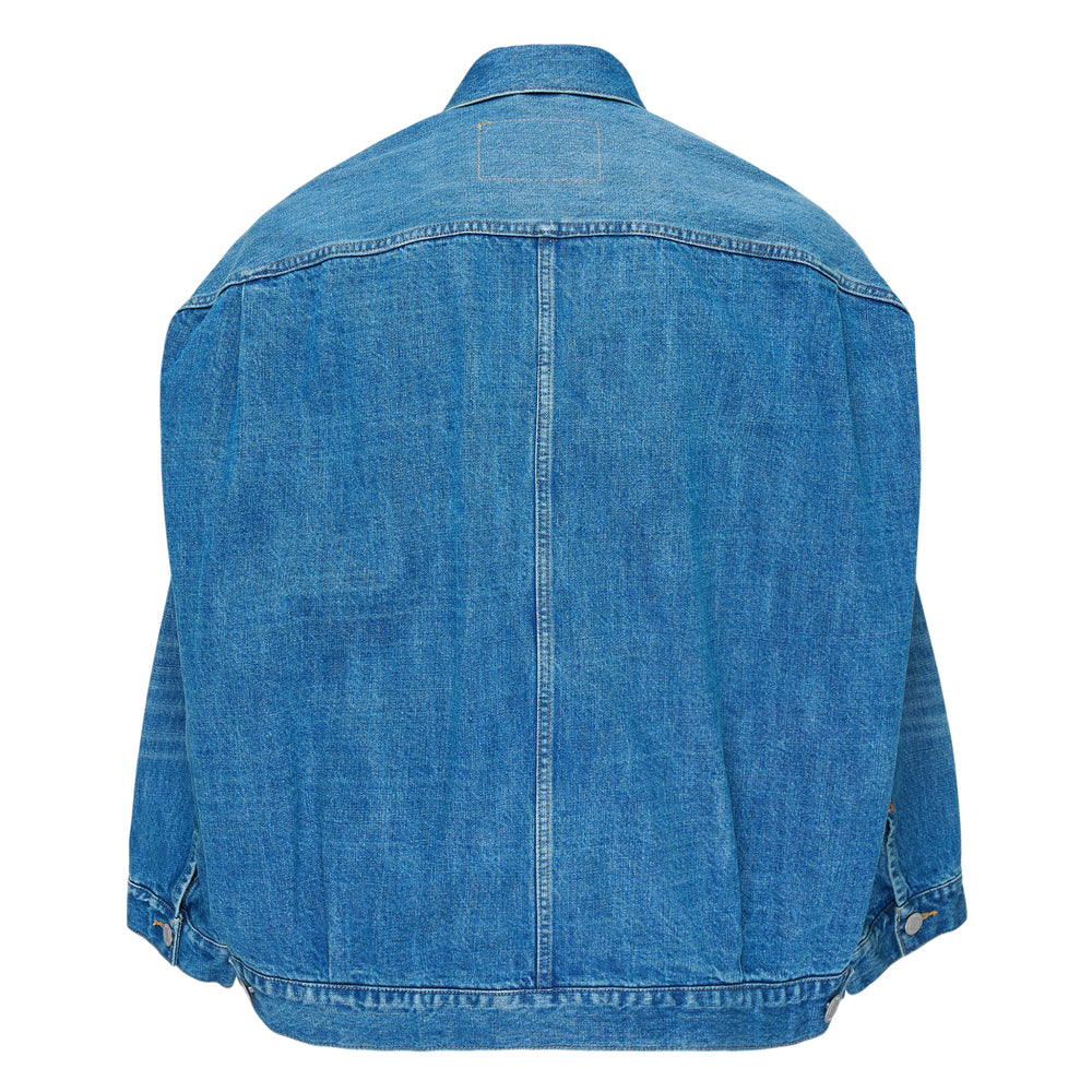 Mihara Yasuhiro Hard Washed Selvedge Denim Jacket in faded indigo, featuring button-through front, dual flap chest pockets, and exterior label patches on a white background - view 2