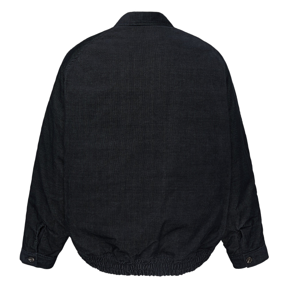 Mihara Yasuhiro Corduroy Zip Blouson in washed black, displayed flat, showing wide-wale corduroy texture, full-length zip, point collar, patch pockets, ribbed hem, and signature label patch - view 2