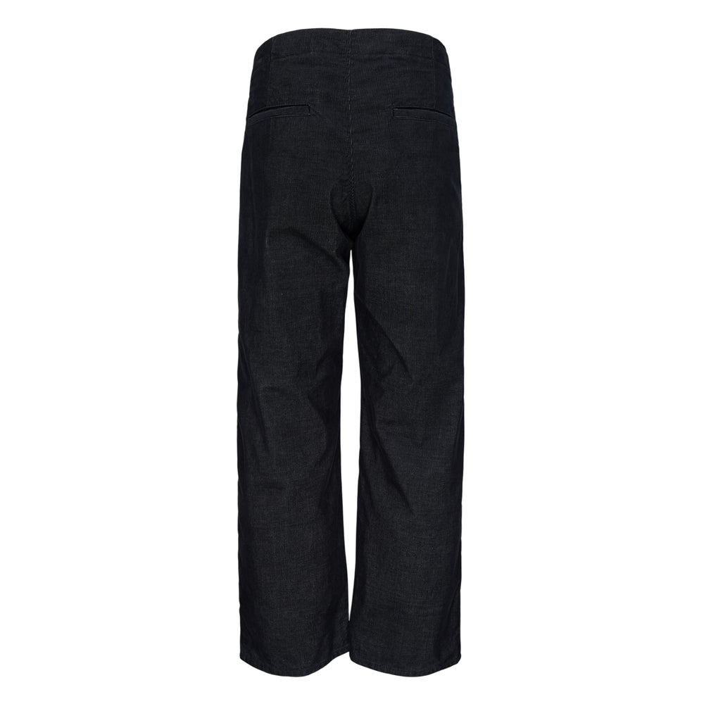 Mihara Yasuhiro Corduroy Wide Straight Pants in black, rear view showing full-length wide-leg silhouette and chunky-wale ribbed texture, with woven label attached at hip - view 2