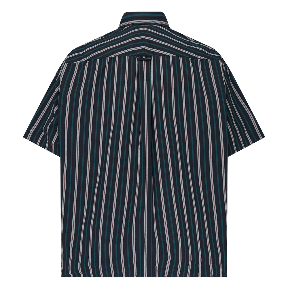 Mihara Yasuhiro cotton high-density short sleeve stripe shirt in navy, teal, and grey vertical stripes with button-down collar, chest pocket, and signature branded label patch at the hem - view 2