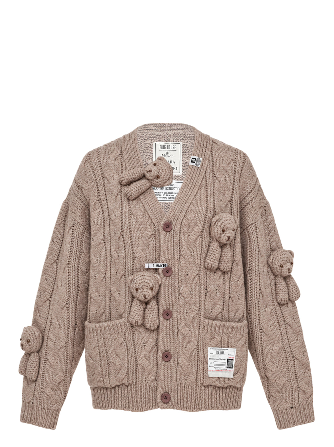 Mihara Yasuhiro Pink House Bears Knit Cardigan in a chunky cable knit with knitted teddy bear appliqués, button front and patch pockets