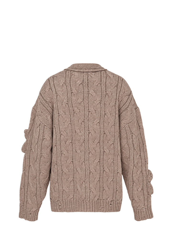 Mihara Yasuhiro Pink House Bears Knit Cardigan in a chunky cable knit with knitted teddy bear appliqués, button front and patch pockets - view 2
