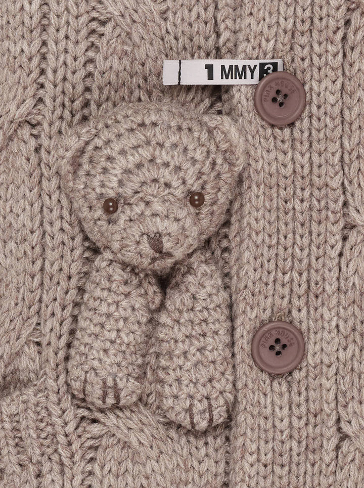 Mihara Yasuhiro Pink House Bears Knit Cardigan in a chunky cable knit with knitted teddy bear appliqués, button front and patch pockets - view 3