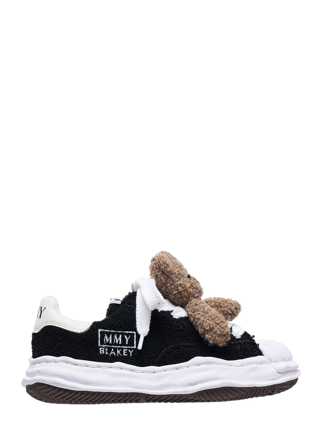 Mihara Yasuhiro Blakey low-top sneaker in black textured fabric with a brown teddy bear on the oversized white laces and a wavy white sole