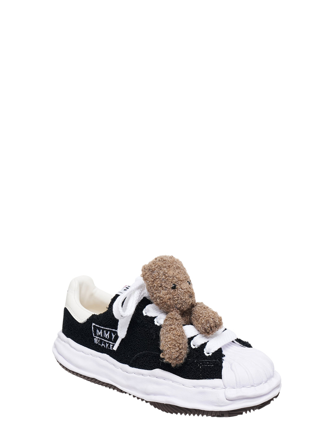 Mihara Yasuhiro Blakey low-top sneaker in black textured fabric with a brown teddy bear on the oversized white laces and a wavy white sole - view 2