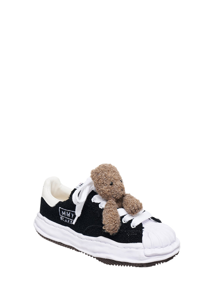 Mihara Yasuhiro Blakey low-top sneaker in black textured fabric with a brown teddy bear on the oversized white laces and a wavy white sole - view 2
