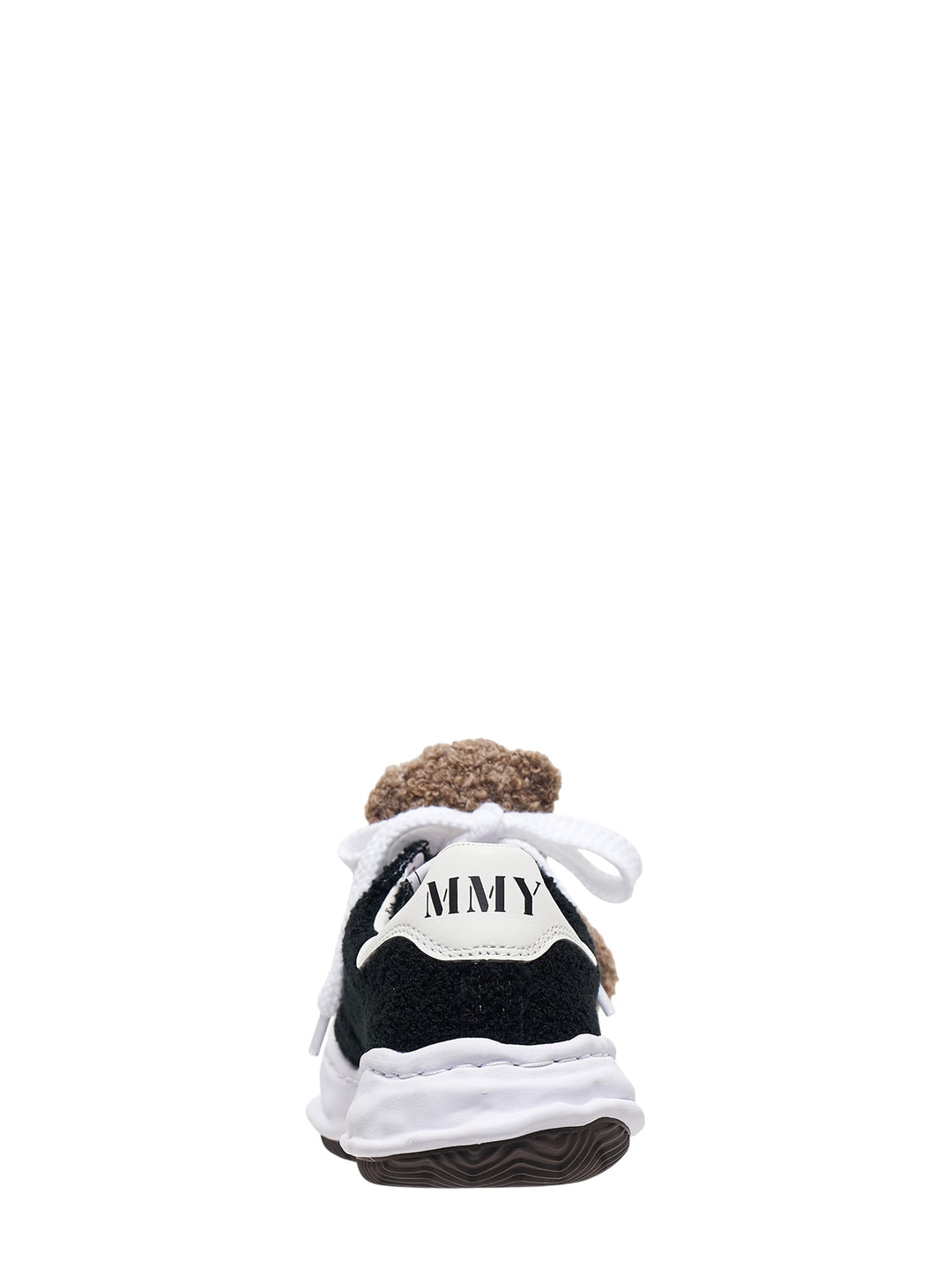 Mihara Yasuhiro Blakey low-top sneaker in black textured fabric with a brown teddy bear on the oversized white laces and a wavy white sole - view 3