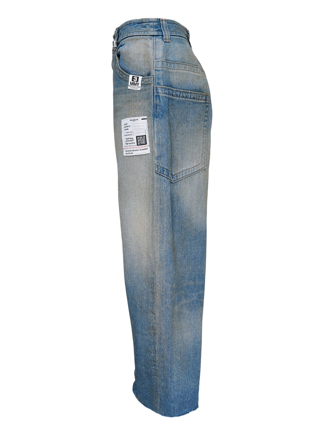 Mihara Yasuhiro wide-leg blue denim pants with a faded dirt-washed finish, MMY waist tag and appliquéd label patch - view 3