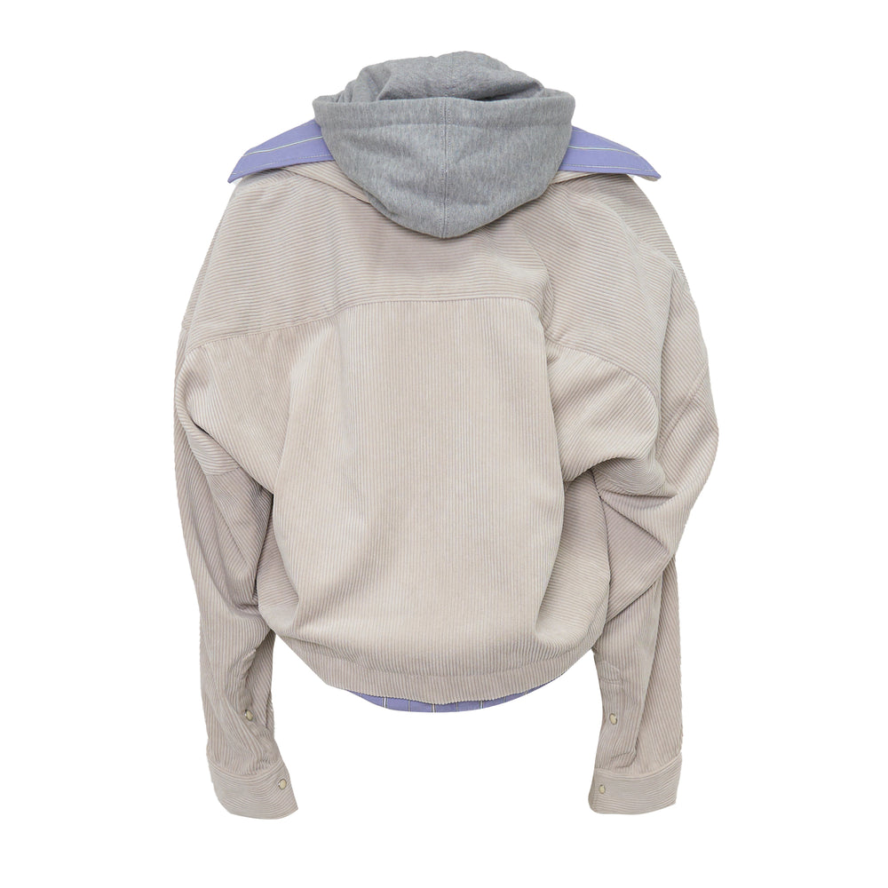 Mihara Yasuhiro Three Layered Hoodie Jacket displayed flat, showing cropped beige corduroy outer shell over a grey zip hoodie with a lavender pinstripe shirt panel layered across the chest - view 2