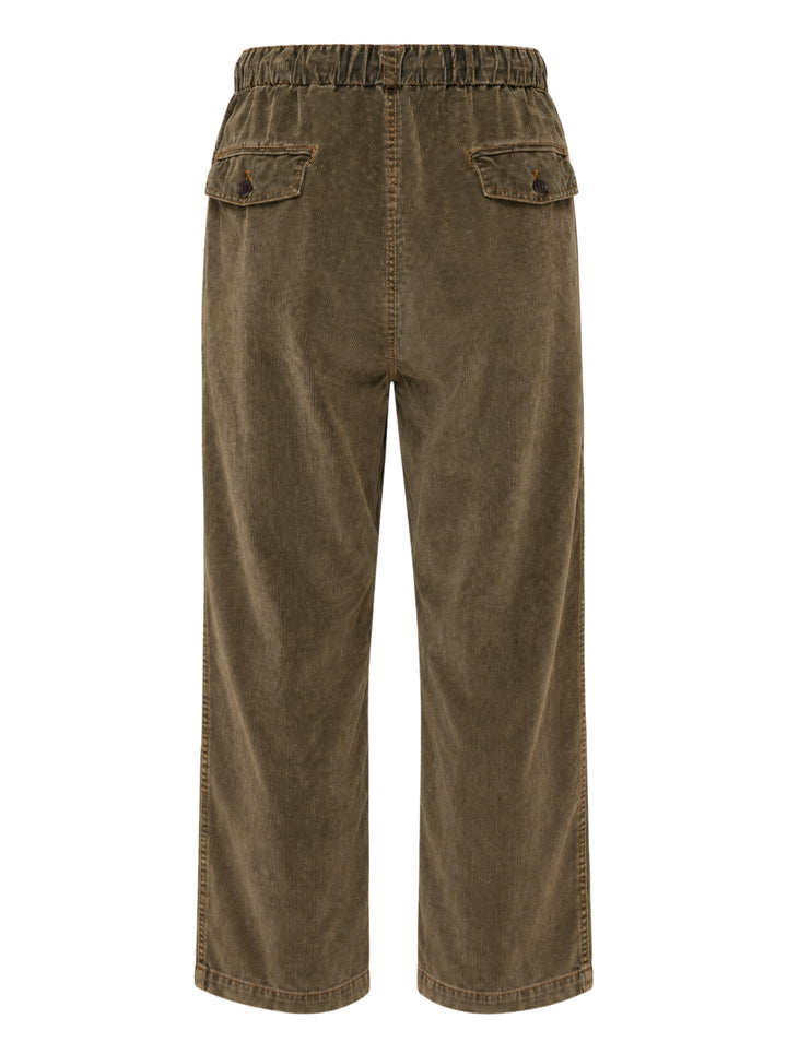 YOKE corduroy pleated easy trousers in washed olive-brown with drawstring elasticated waist and wide straight leg - view 2