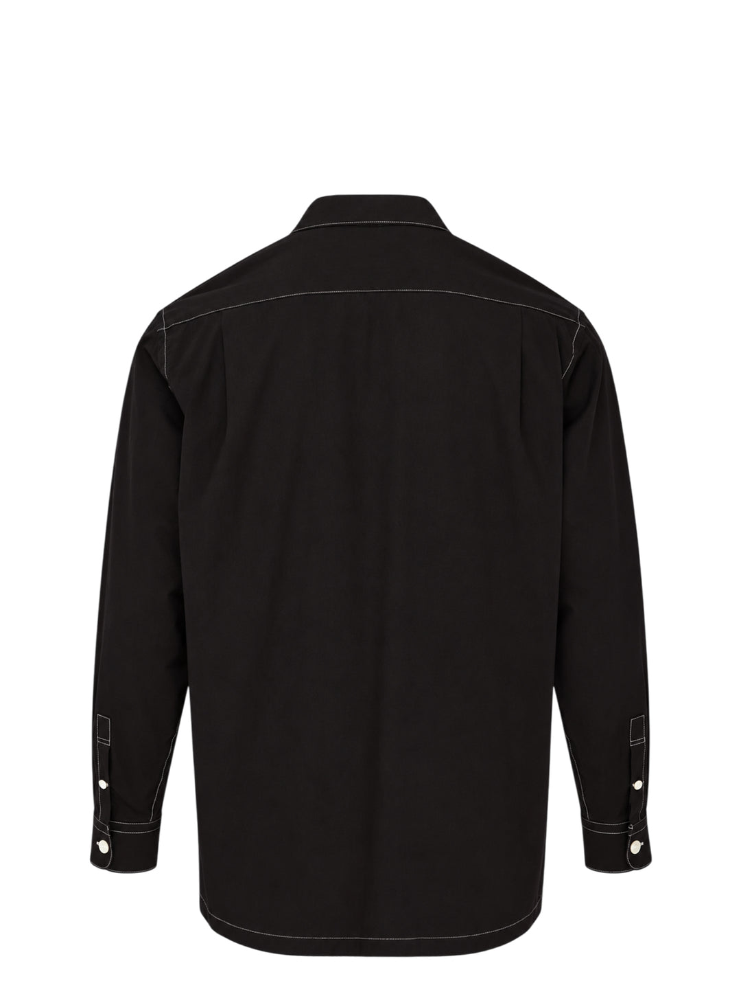 YOKE black long sleeve shirt with white contrast topstitching, camp collar, front button placket and patch chest pocket - view 2
