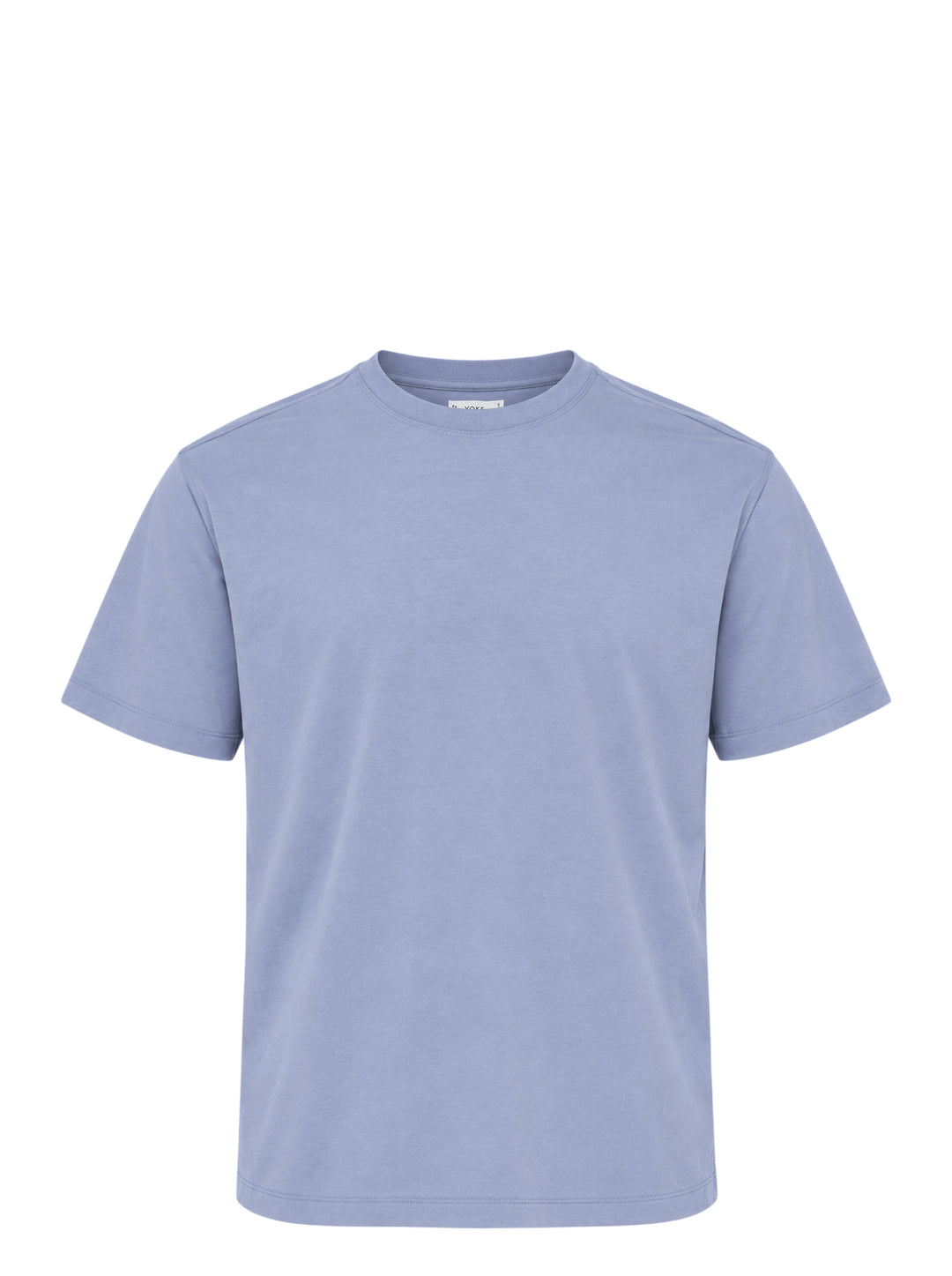 YOKE Suvin Cotton T-Shirt in washed blue with ribbed crew neck and short sleeves, shown from the front