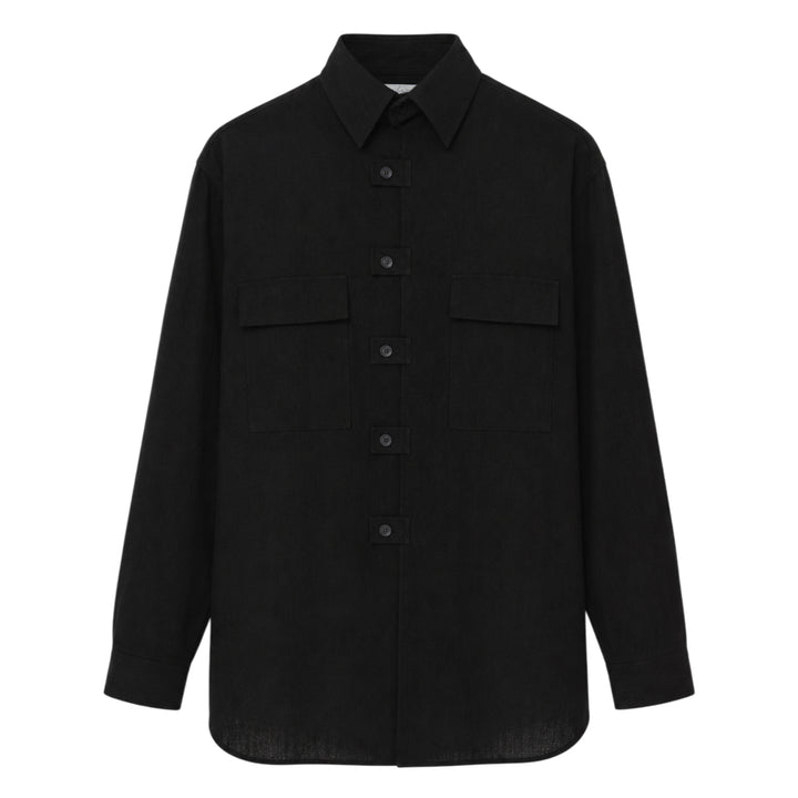 Yohji Yamamoto Spare Collar Long Sleeve Shirt in black, oversized fit with dual buttoned chest pockets and tonal button-through placket, front view on white background