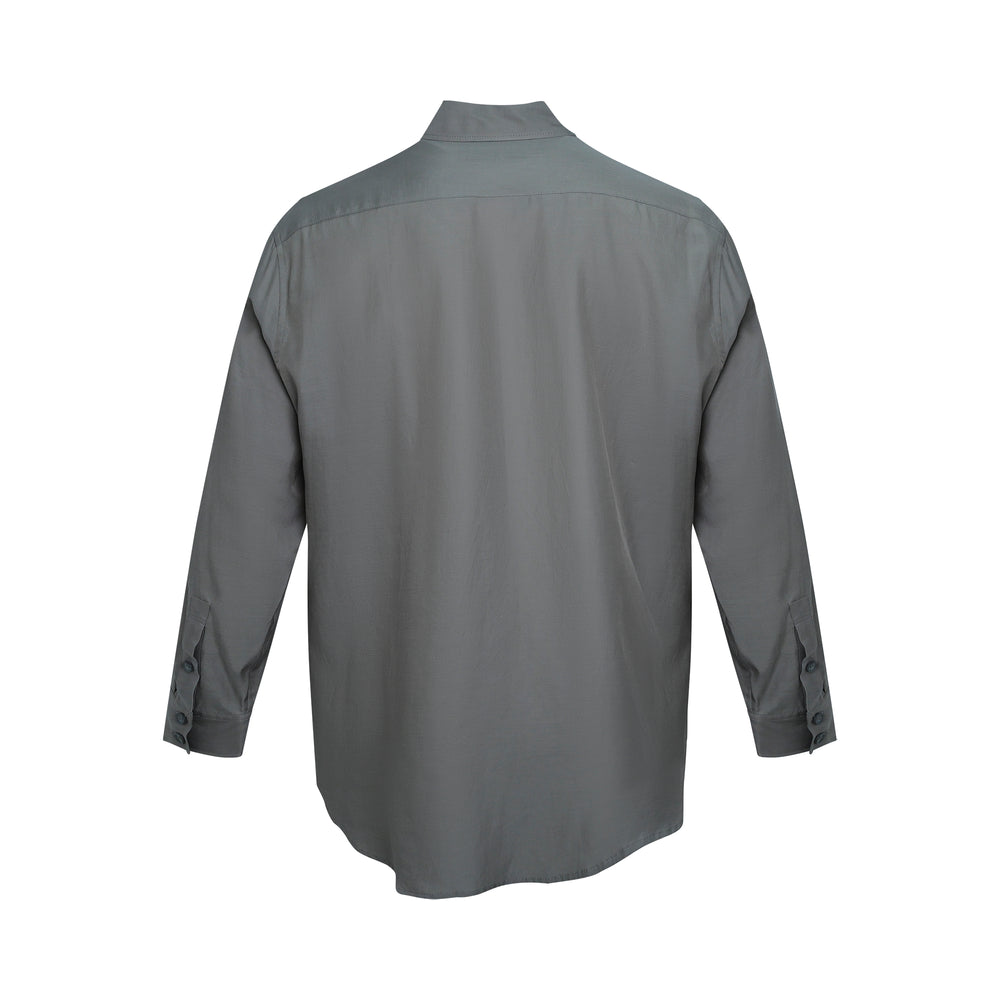 Yohji Yamamoto Double Pocket Long Sleeve Shirt in slate grey, shown flat with oversized silhouette, dual chest patch pockets, tonal button front, and curved hem - view 2