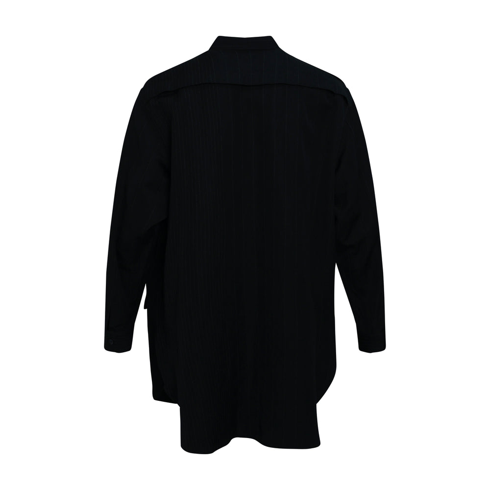 Yohji Yamamoto black pinstripe open collar longline blouse with shoulder slit detailing, chest pocket, and cargo hip pockets, displayed flat on white background - view 2