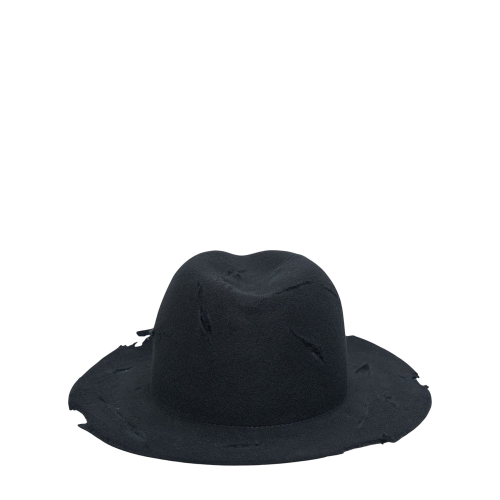 Yohji Yamamoto black felt wide-brim hat with slash cut-out detailing and distressed raw edges on the crown and brim