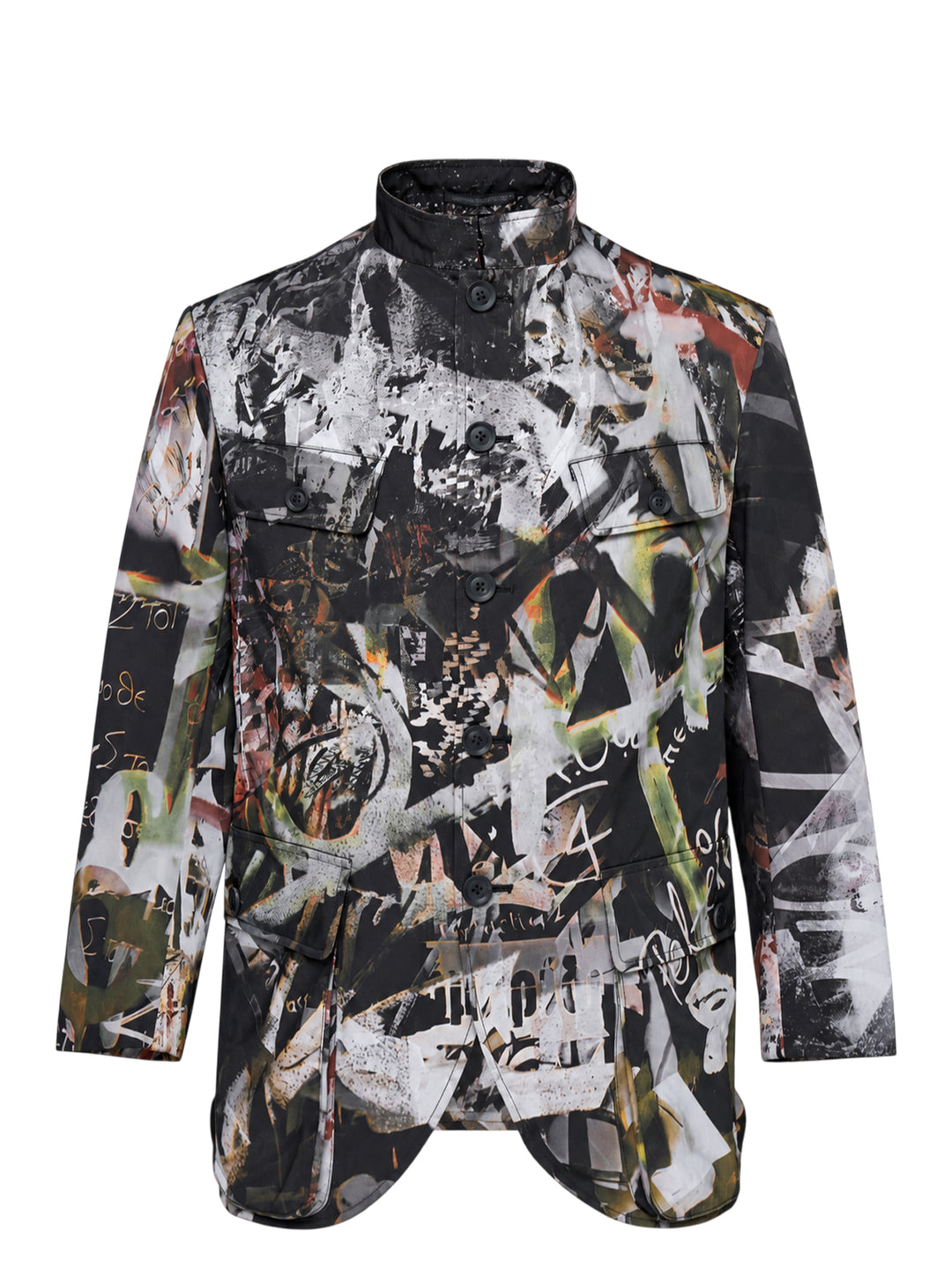 Yohji Yamamoto Graffiti Khaki Jacket with all-over abstract graffiti print, stand collar, button front and four flap pockets
