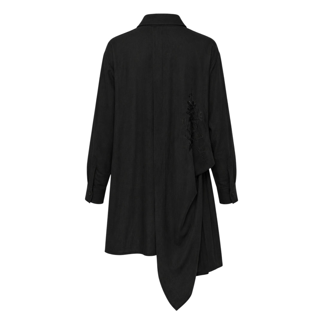 Yohji Yamamoto Tuck & Drape Blouse in black, featuring an asymmetric draped hem, button-through front, point collar, and long sleeves with buttoned cuffs - view 2