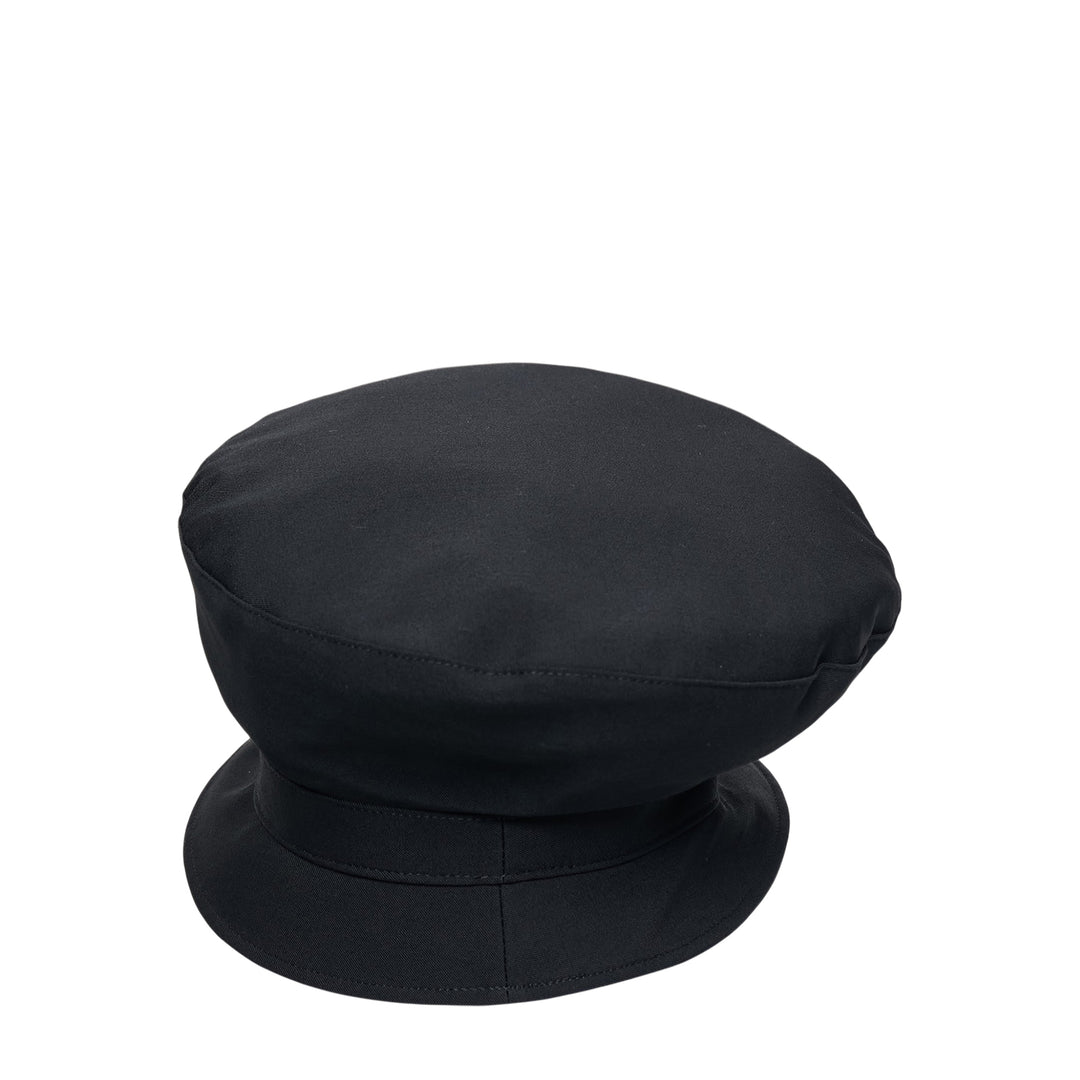 Yohji Yamamoto black bucket beret hat with oversized rounded crown, tonal seam detailing, and a flat structured peaked brim, shown on a white background - view 2