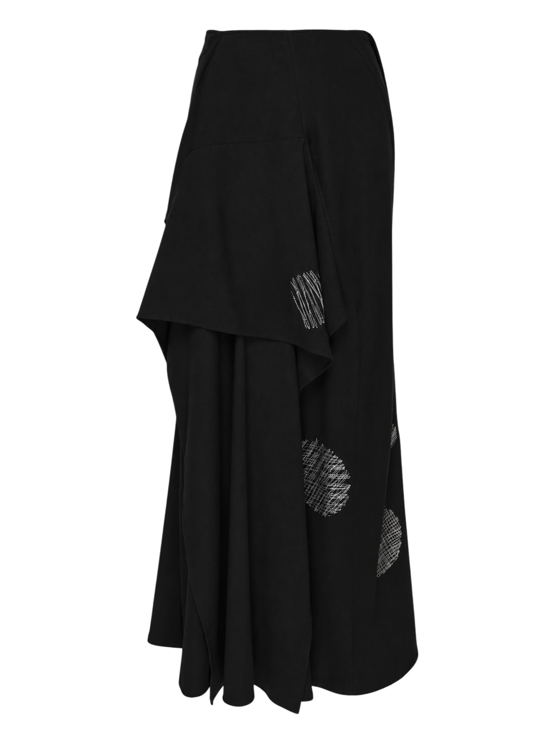 Black draped high-waist maxi skirt by Yohji Yamamoto with an asymmetric cascading panel and white scribble-stitched circle embroidery