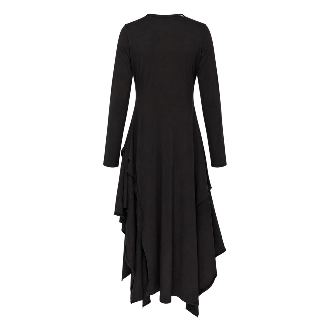 Yohji Yamamoto black long-sleeve asymmetric draped midi dress with cascading ruffle panel and handkerchief hem, front view on white background - view 2