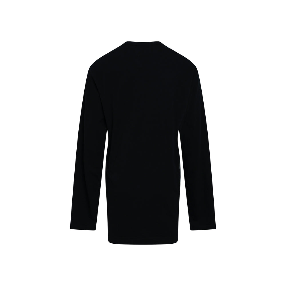 Yohji Yamamoto black long sleeve tee with a detailed sketched cat graphic printed asymmetrically across the body, shown flat on a white background - view 2