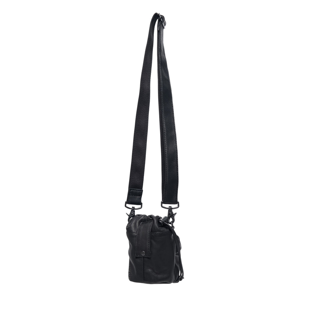 Y's 2 Way Mini Purse in black leather with long adjustable webbing crossbody strap, drawstring top closure, and exterior zip pocket, shown on white background - view 2