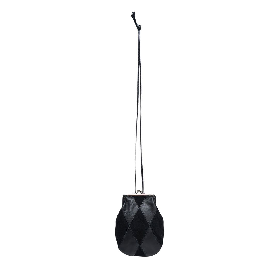 Y's black tonal argyle leather and suede patchwork mini pouch with silver-tone kiss-lock clasp, suspended from a long slender leather necklace cord against a white background
